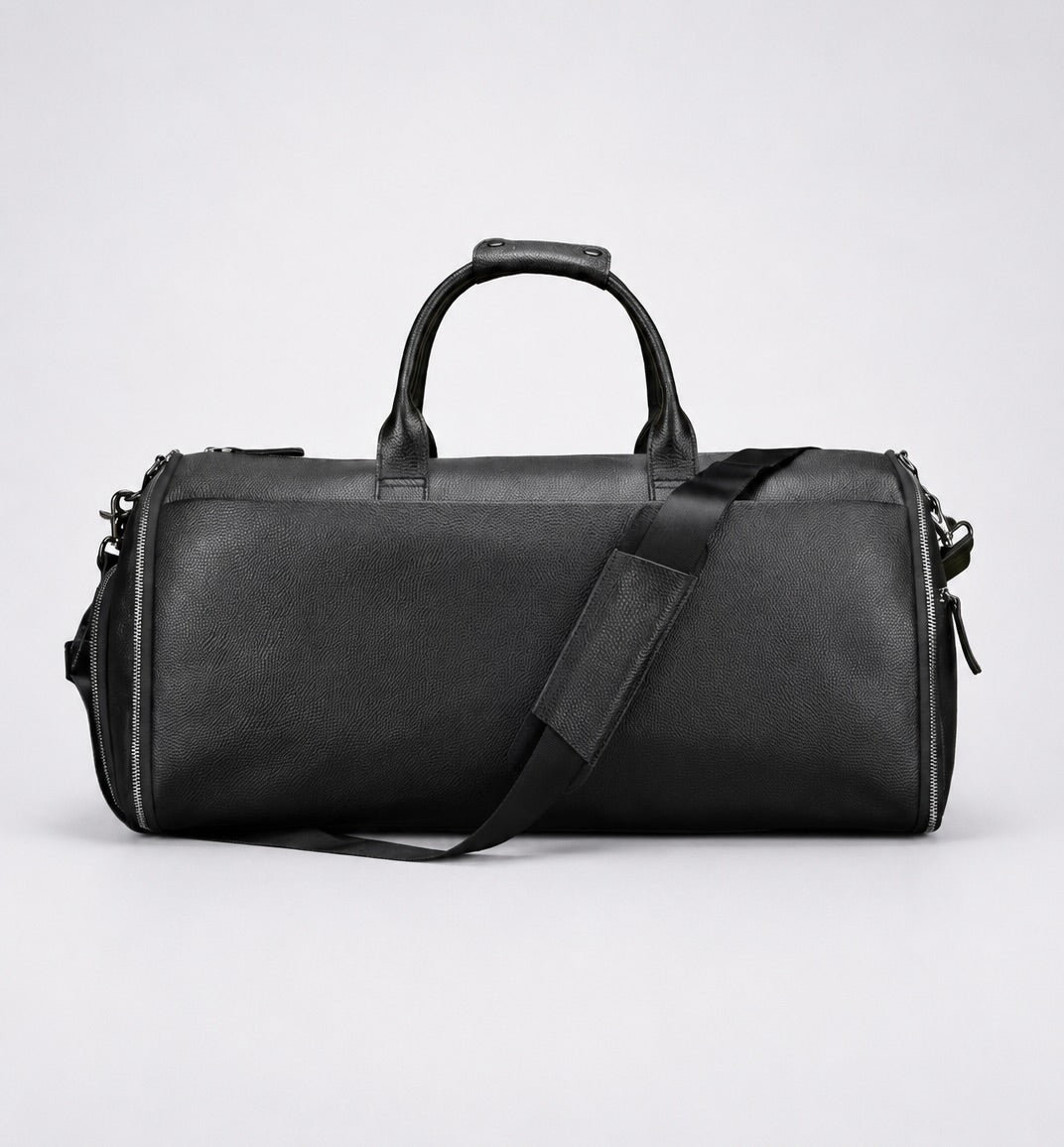 Black leather C-01 TRAVEL DUFFEL, front view