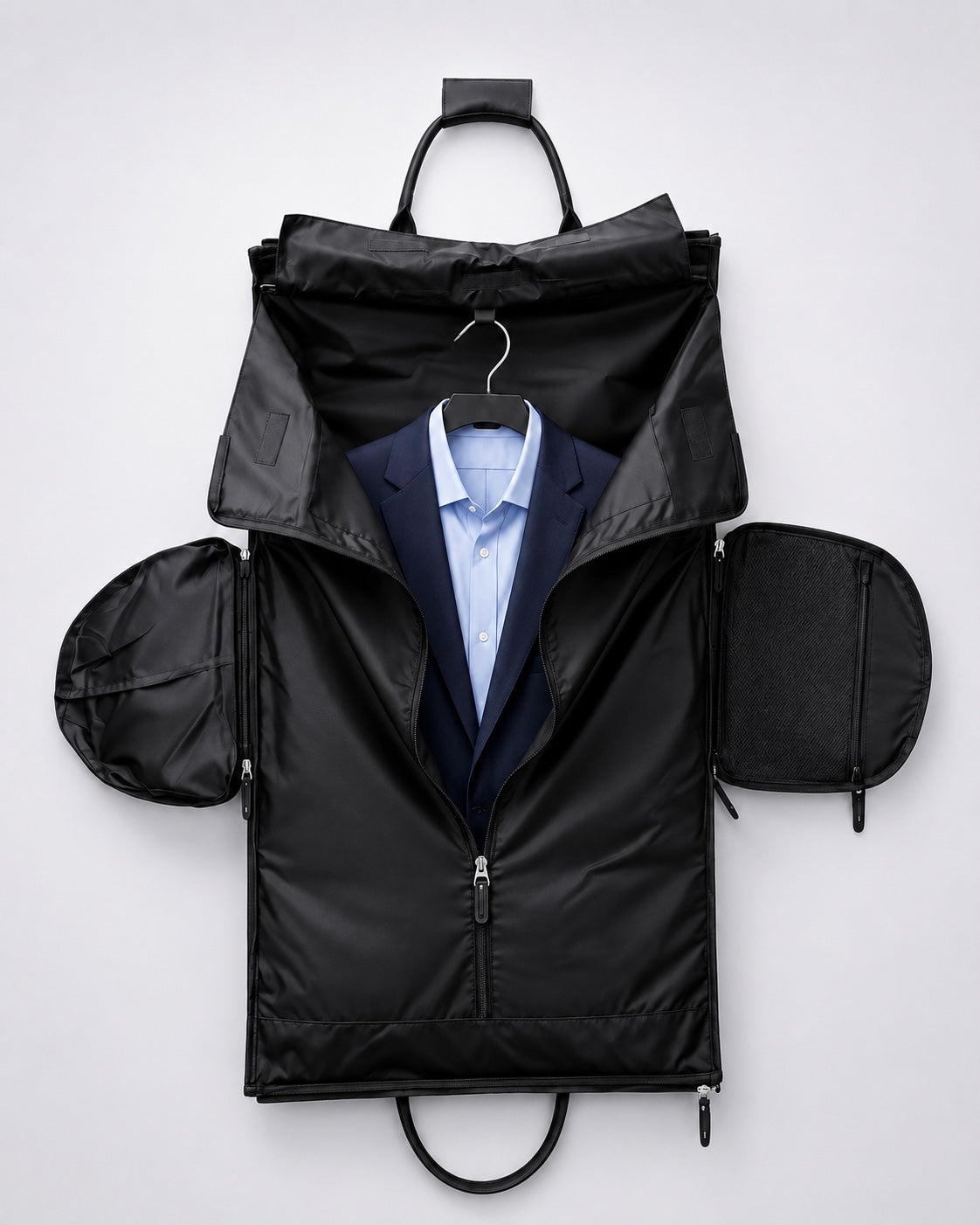 C-01 opened as a garment duffel bag with a blue suit inside